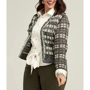 Cabi Cardigan Womens Small‎ Brown White Fringe Plaid Classic 4097 Preppy Career